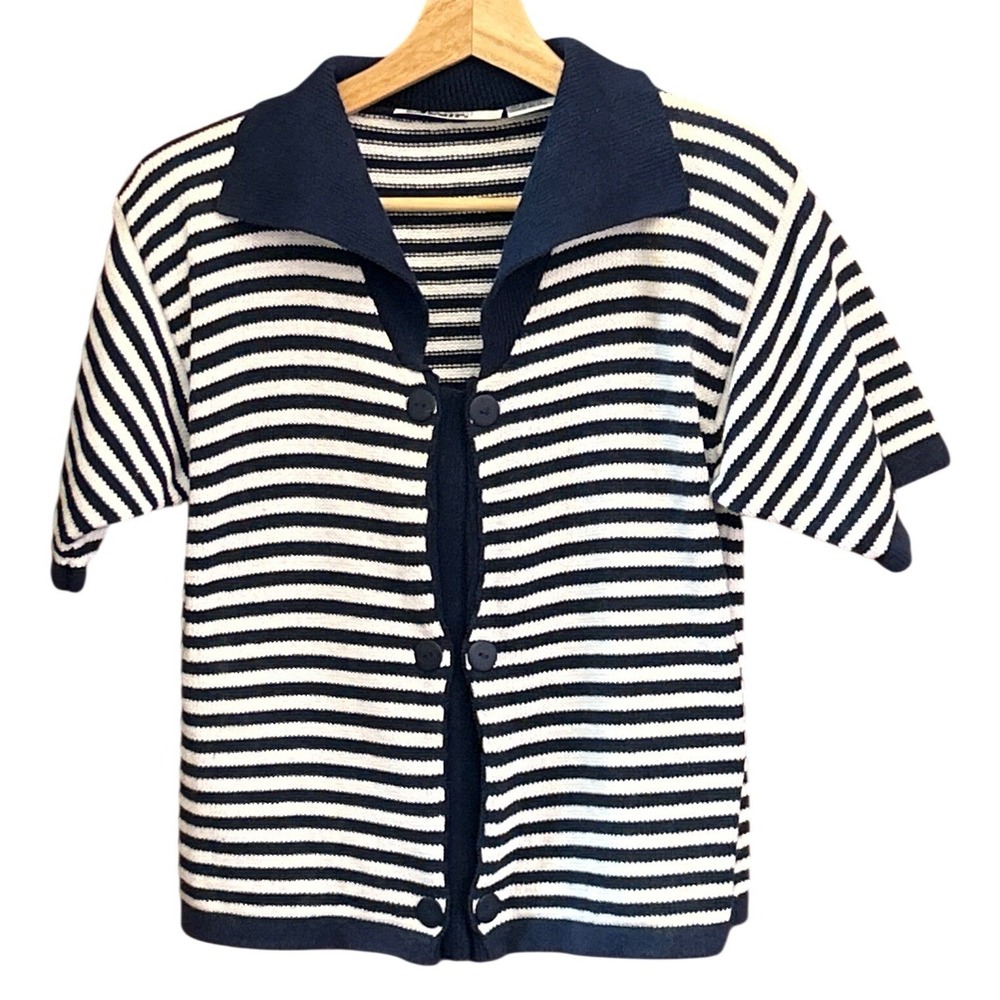 Vintage Idioms Striped Cardigan Nautical Preppy Navy White Cotton Knit Sweater